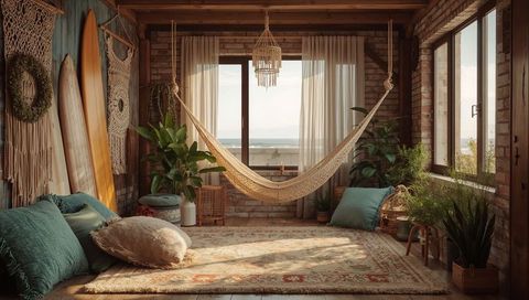 Hammock swaying in sunlit coastal loft with surfboards, boho macrame, indoor garden and sea view