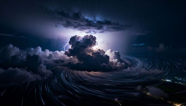 Night thunderstorm with towering cumulonimbus and swirling light trails over landscape
