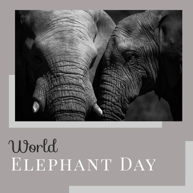 Digital composite image of elephants with world elephant day text in gray frame. Awareness, animal, wildlife, preservation and protection of elephants concept.
