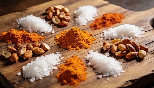 Displaying turmeric powder and roasted almonds with coarse sea salt on rustic wooden board