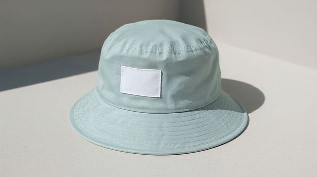 Mint green bucket hat with blank label on neutral tabletop