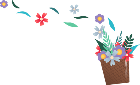 Colorful flowers overflowing from wicker basket on transparent background