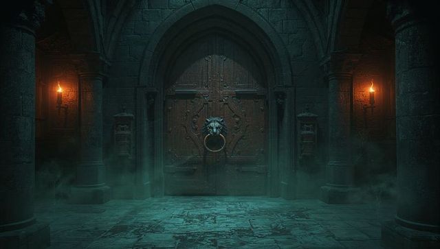 Mysterious medieval doors with lion knocker in shadowy crypt