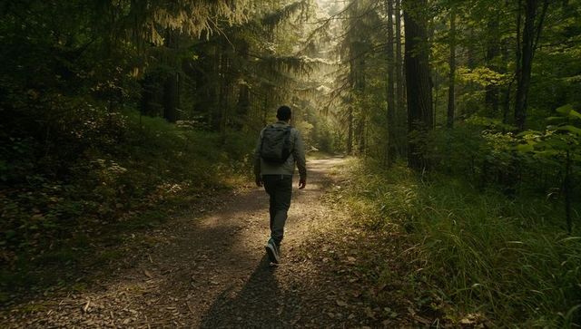 Solitary hiker walking sunlit forest trail with backpack and windbreaker, peaceful escape