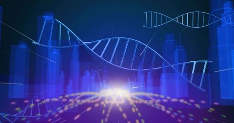 Futuristic DNA Helix with Data Particles and Light Streaks in Cyberspace