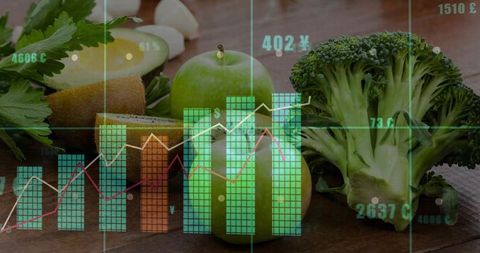 Displaying green produce with financial charts overlay for healthy food market analysis