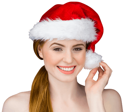 Woman Wearing Santa Hat Smiling on Transparent Background