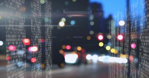 Binary matrix overlay on blurred urban nightscape