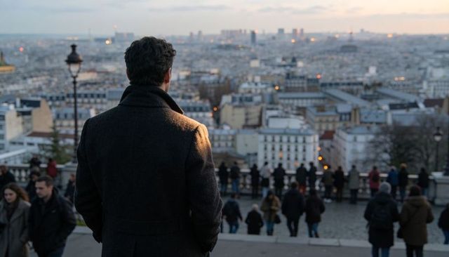 Man standing overlooking expansive city skyline from hilltop terrace at dusk
