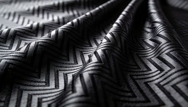 Dark woven fabric forming chevron folds with glossy directional sheen and rich texture