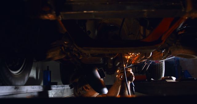 Mechanic Welding Under Car in Dimly Lit Garage - Download Free Stock Images Pikwizard.com