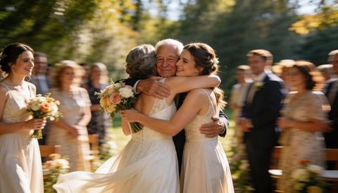 Two brides hugging father in sunlit forest wedding glade with pastel bouquets
