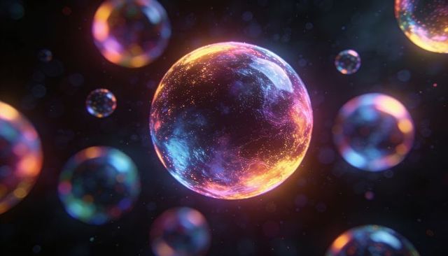 Glowing cosmic orb floating in nebula-like void surrounded by colorful glass spheres