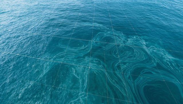Aerial view of turquoise ocean with swirling filament patterns and subtle grid overlay