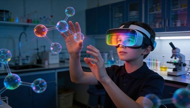 Young boy exploring molecular holograms with vr headset in interactive stem lab experience
