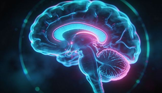 Glowing holographic brain model visualizing neural pathways, cortex and ai networks