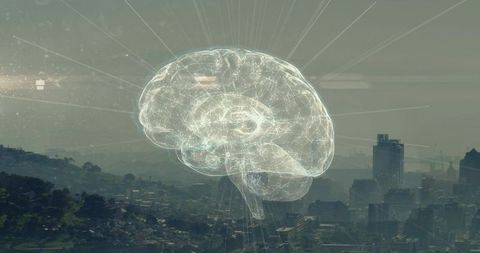 Holographic brain network hovering over city skyline emitting data nodes and light rays