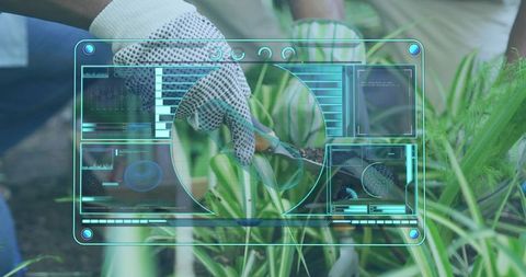 Gloved hands tending seedling with trowel and augmented reality gardening interface