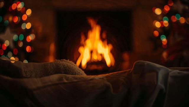 Glowing Fireplace Casting Warm Light Over Cozy Blanket with Christmas Bokeh Lights