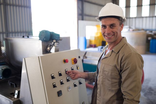 Portrait of happy technician operating a machine in oil factory