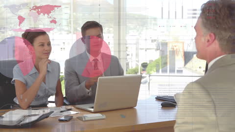 Business Meeting with Digital Overlays Illustrating Data Processing