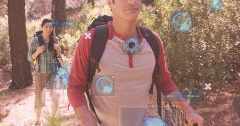 Hiker Leading Pine Trail with Backpack and Trekking Pole Augmented Reality Overlays