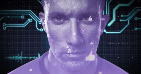 Futuristic Male Face with Digital Circuit Overlay