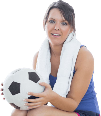 Smiling Athletic Woman Holding Soccer Ball with Transparent Background