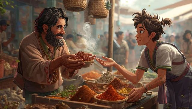 Bearded vendor offering steaming bowl of spices to smiling buyer at vibrant bazaar