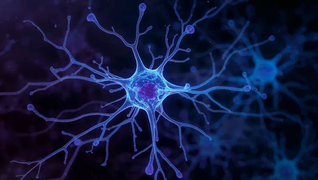 Glowing Neuron Network Featuring Blue Soma and Radiant Axon Connections