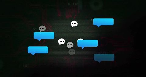 Floating cyan chat bubbles glowing over motherboard circuit, neon messaging interface