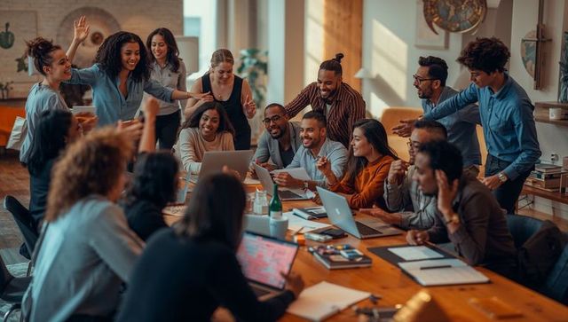 Large diverse team brainstorming together around long wooden table with laptops and devices