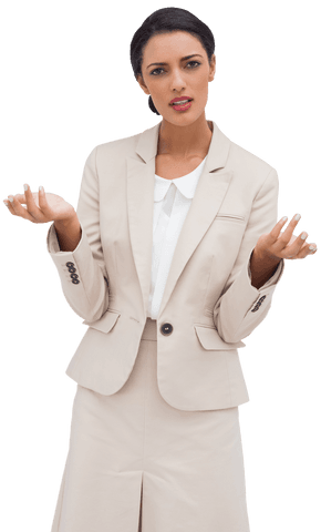 Confused Businesswoman in Beige Suit on Transparent Background