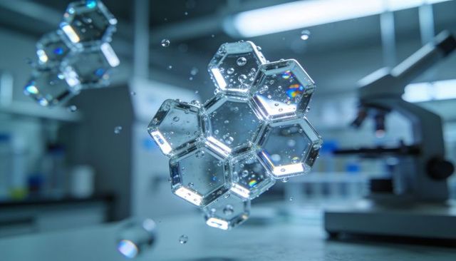 Floating transparent hexagonal crystal cluster over lab bench with microscope and droplets