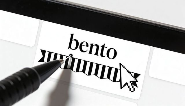 Closeup pen touching bento sticker on laptop keyboard with pixel cursor and striped label