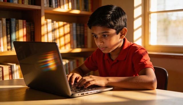 Focused indian boy typing on laptop at table in sunlit library with bookshelves