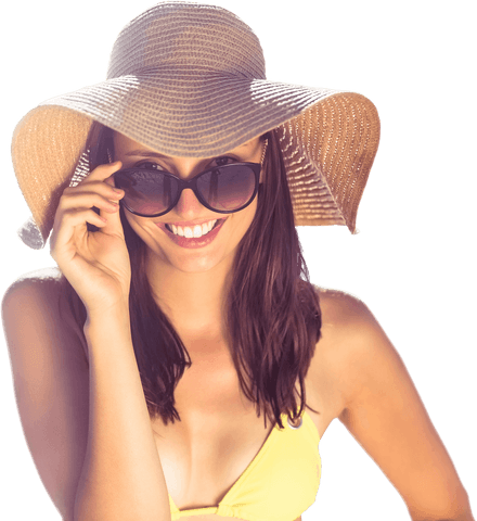 Smiling Woman Wearing Vacation Hat on Transparent Background