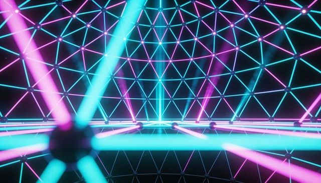 Glowing neon geodesic dome with cyan-magenta grid, central light beam and reflective floor
