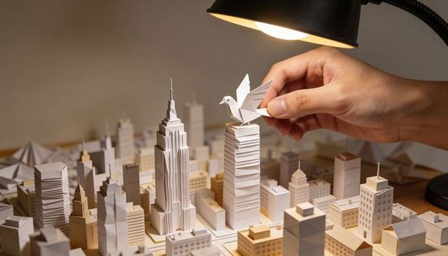 Hand placing origami dove on paper skyscraper under warm lamp light, creative architecture concept