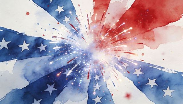 Star-spangled watercolor fireworks bursting in red and blue radiant independence art