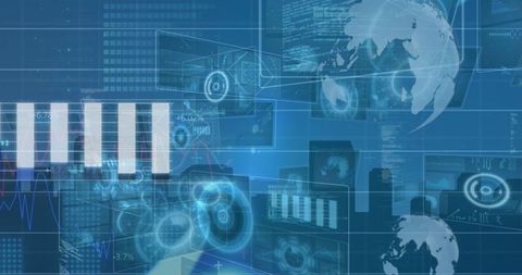 Futuristic digital analytics interface with charts and globes