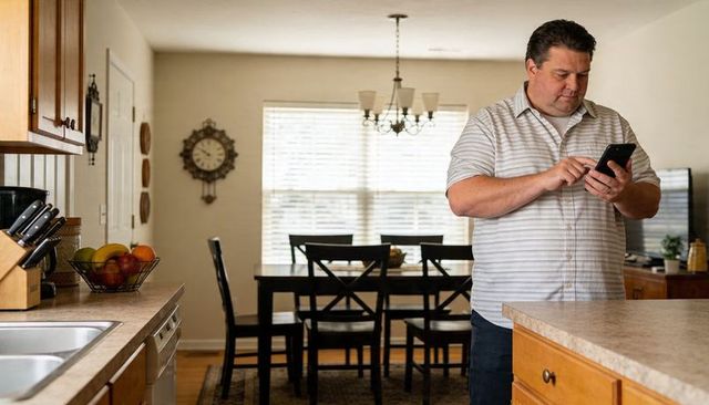 Man checking smartphone at kitchen island in bright open-plan dining area