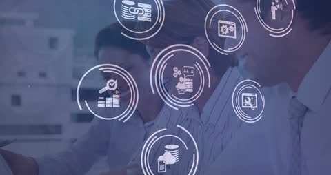 Digital Interface with Financial Icons and Diverse Business Team