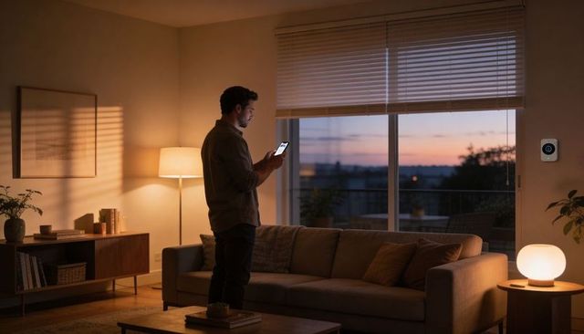 Man checking smartphone in cozy minimalist living room at twilight with smart home device