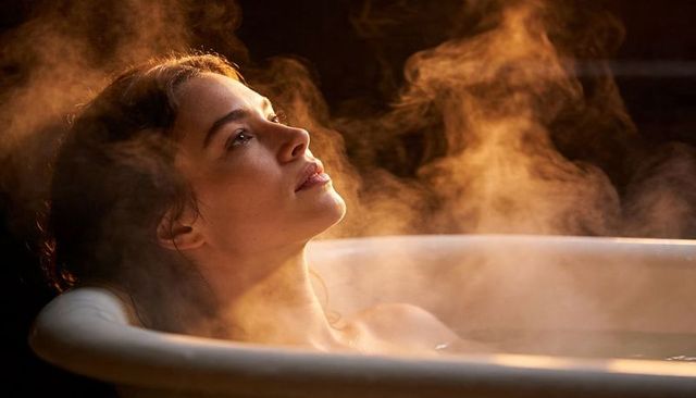 Woman relaxing in steam-filled bathtub with warm amber backlight for spa serenity