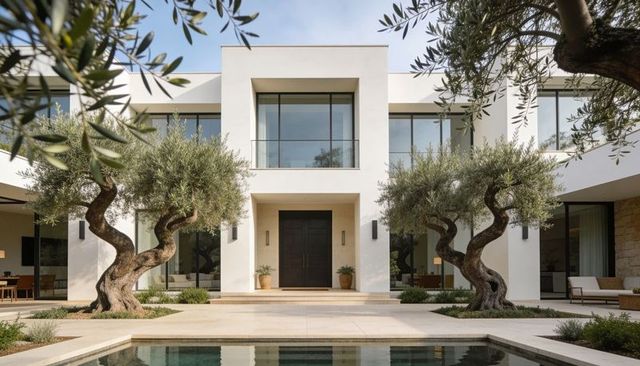 Showcasing modern mediterranean villa with olive trees, courtyard pool and glass balcony