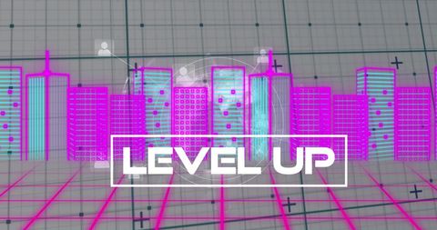Level Up Theme Over Digital Cityscape and Globe Design - Download Free Stock Images Pikwizard.com