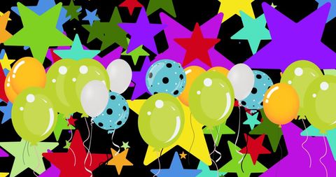Colorful Stars and Balloons on Black Background for Celebrations