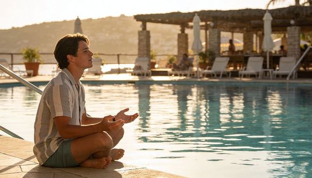 Young man meditating by sunlit resort pool at sunset, relaxed travel wellness and vacation