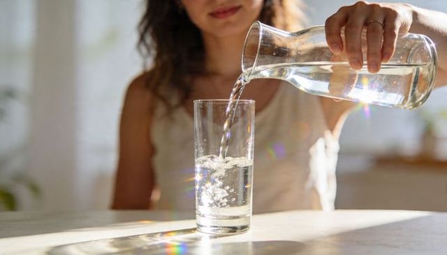 Pouring water from glass carafe into tall glass with sunlit prism reflections
